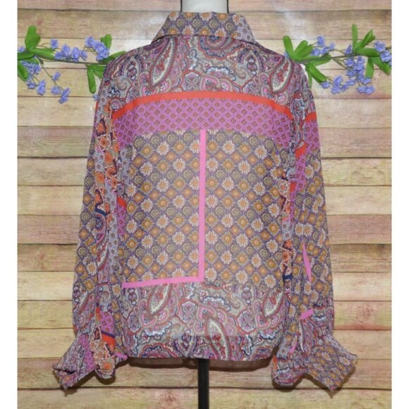 Ee:some Mixed Print Floral Boho Balloon Sleeve Button Front Blouse Size M - Picture 8 of 11